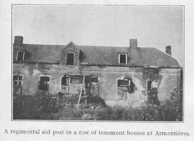 A regimental aid post in a row of tenement houses Armenti�res.